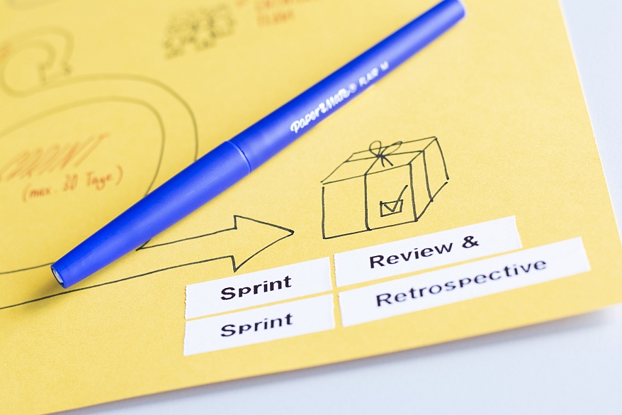 Zeichnung zeigt Paket mit Häkchen, daneben Etiketten mit „Sprint“, „Review & Retrospective“, ein blauer Marker liegt auf dem Blatt.