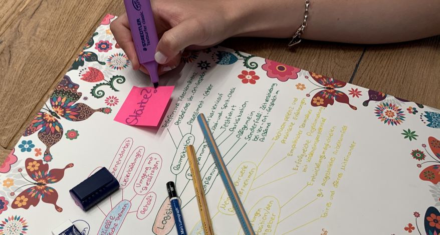 Hand schreibt auf pinken Zettel neben bunter Mindmap