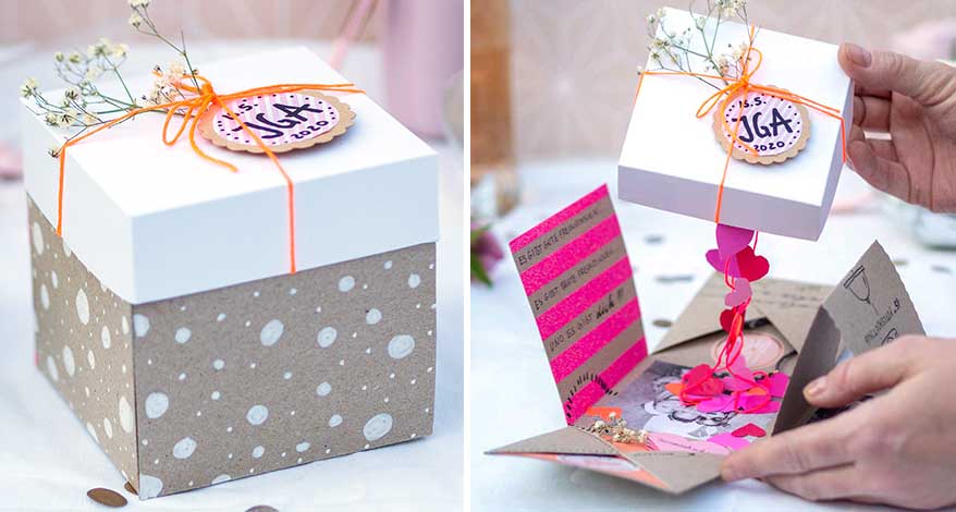 Collage einer Explosionsbox zum Jungesellinnenabschied.