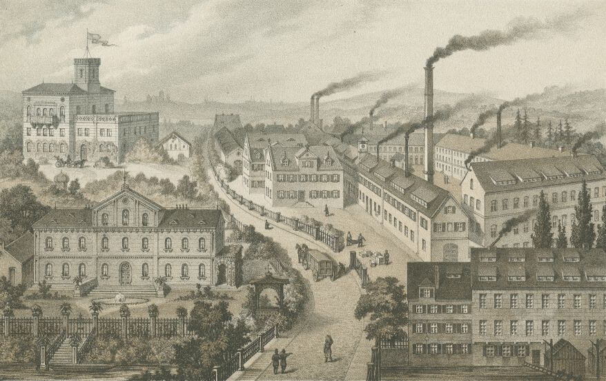 Farblihtografie mit Produktionswerken von Faber-Castell in Stein bei Nürnberg im Jahr 1861.
