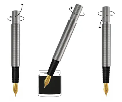 Eine grafische Kurzanleitung in drei Schritten, wie man einen Kolbenfüller mit Tinte befüllt.