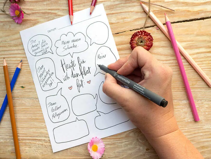 Jemand schreibt etwas in eine von vielen Sprechblasen auf einer Seite eines Dankbarkeitstagebuchs. In der Mitte steht: „Heute bin ich dankbar für…“.