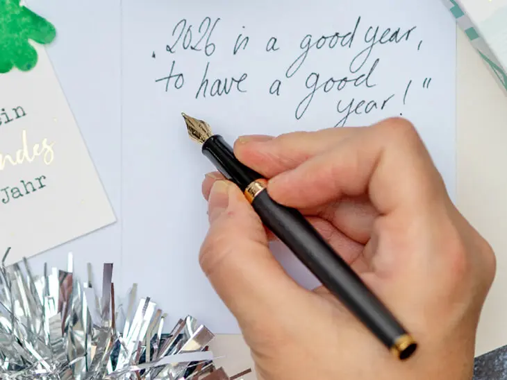Jemand schreibt mit einem schwarzen Waterman-Füller eine Karte zu Sylvester. Foto: Johanna Rundel