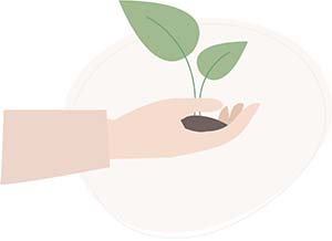 Illustration einer Hand, die eine wachsende Pflanze in der Hand hält.