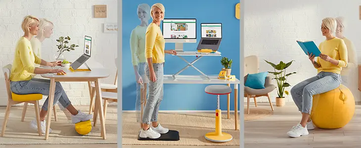 Frau im Homeoffice am Schreibtisch mit höhenverstellbarem Aufsatz, Frau sitzt auf einem Sitzball von Leitz Ergo Cosy.