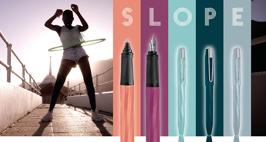 Frau mit Hula-Hoop und bunte Stifte der Serie SLOPE von ONLINE.