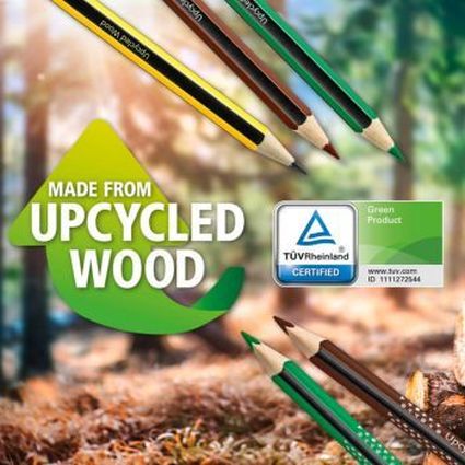 Grafik der Marke STAEDTLER zu „made from upcycled wood“ – Verantwortungsvoller Umgang mit Rohstoffen.