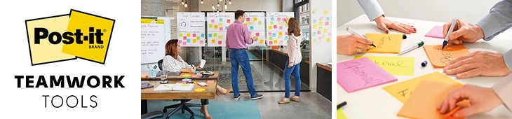 Im linken Bild ist das Post-it Teamwork Tools-Logo abgebildet, im mittleren Bild hängen an einer Präsentationswand verschiedene Meeting Notes, während im rechten Bild Meeting Notes beschrieben werden.  