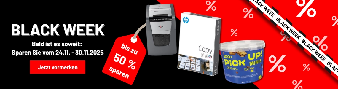 Auf schwarzem Hintergrund sind 3 Produkte und der Text Blackweek. Ein roter Balken mit Absperrbandoptik