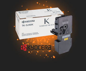 Kyocera Tonerkartusche auf schwarzem Hintergrund mit orangenen Sprenkeln