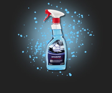 Robbyrob Enteisersprühflasche auf schwarzem Hintergrund mit hellblauen Sprenkeln