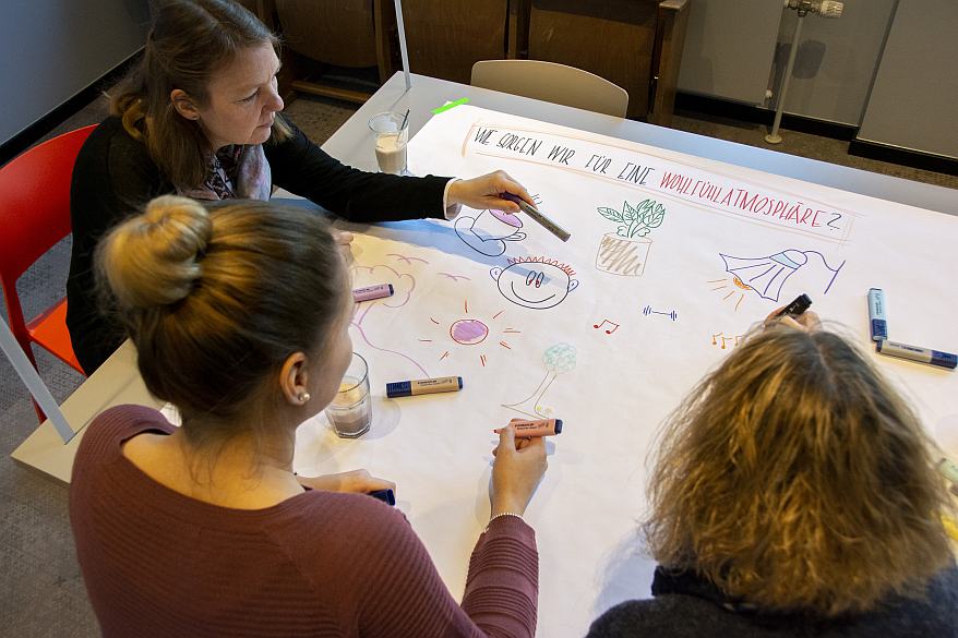 3 Mitarbeiterinnen sitzen an einem Tisch und arbeiten an einer Skizze auf Flipchart-Papier.