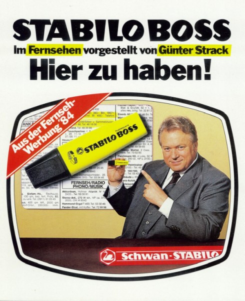 Anzeige aus den 80er Jahren zeigt Fernsehwerbung für den Textmarker von Schwan Satbilo.