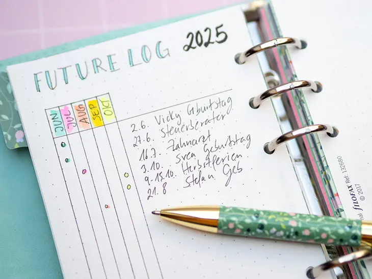 Auf der linken Seite eines aufgeschlagenen Filofax Planners ist ein Buller Journal future log nach der Alastair-Methode skizziert. Foto: Johanna Rundel