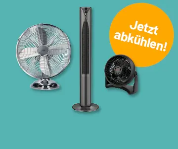 Tisch- und Standventilatoren auf türkisem Hintergrund, Button mit Text "Jetzt abkühlen"