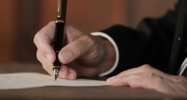 Mann schreibt mit Füllhalter