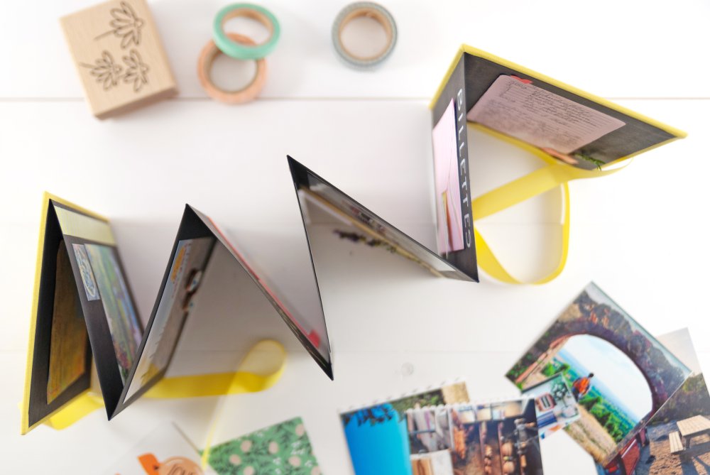 Leporello-Fotoalbum von oben mit ausgebreiteten Seiten.