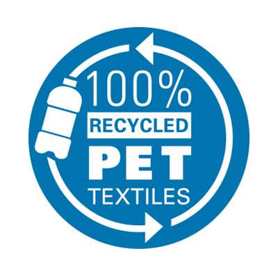 Blaues Logo mit dem Text "100% Recycled PET Textiles".
