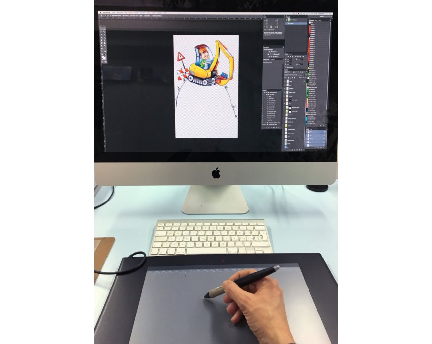 Zeichnung eines Baggers wird digital auf einem Grafiktablett nachgezeichnet.