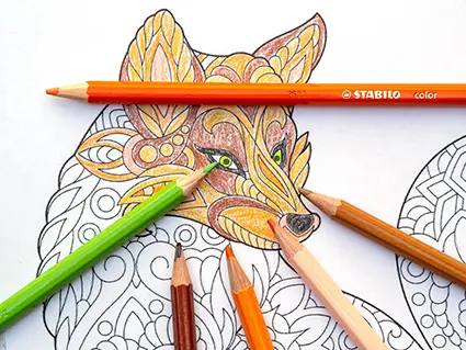 Auf einem Mandala-artigen Ausmalbild in Form eines Fuchses liegen verschiedenfarbige Buntstifte von Stabilo. Das Bild ist halb ausgemalt.