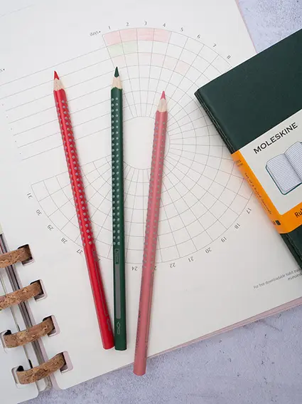 Auf einer aufgeschlagenen Seite eines Life-Journals von Moleskine liegen drei Buntstifte und ein grünes Notizbuch. Foto: Johanna Rundel