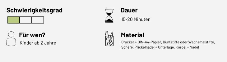 Grauer Kasten mit Infos zu Schwierigkeitsdauer, Zielgruppe, Dauer und Material eines DIYs.