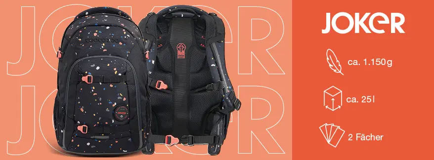 Bild mit den wichtigsten Eigenschaften des Schulrucksacks JOKER von coocazoo.
