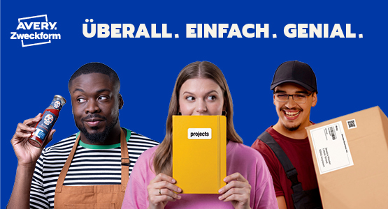 Drei Personen mit unterschiedlichen Produkten, darüber das Avery Zweckform Logo und der Claim "Überall. Einfach. Genial".