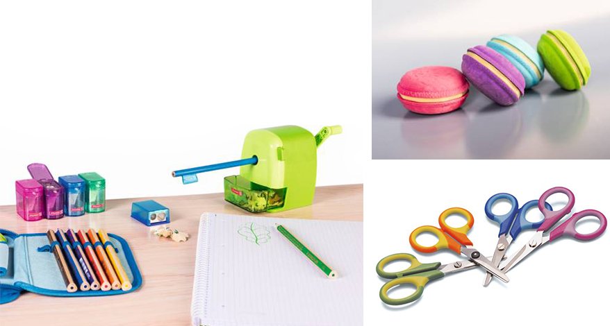 Collage mit bunten Scheren, Macarons-Radiergummis und einem Tisch, auf dem ein Teil eines aufgeklappten Federmäppchens mit Stiften, Spitzern und einem Block zu sehen ist.