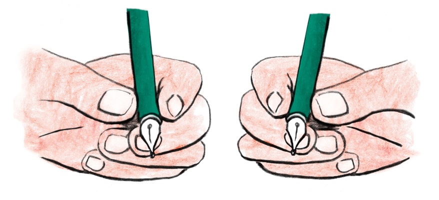 Skizze von 2 Händen mit Dreifingergriff für Links- und Rechtshänder.