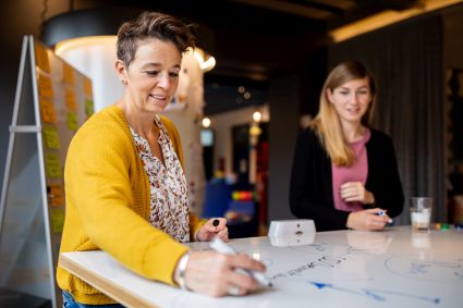 Eine Frau in einem gelben Strick-Cardigan schreibt mit einem Whiteboardmarker auf einen beschreibbaren Tisch. Rechts von ihr, steht eine Frau mit schwarzer Jacke und einem Stift von Staedtler in der Hand. Vor ihr steht ein Glas mit Latte Macchiato. Im Hintergrund ist ein mit Haftnotizen beklebtes Whiteboard zu sehen.