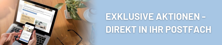 Newsletteransicht und Text auf blauem Hintergrund