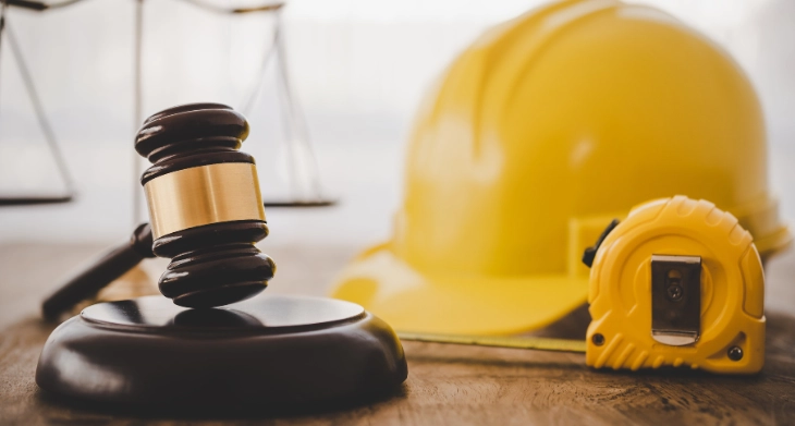 Richterhammer, gelber Schutzhelm und Maßband als Symbol für Arbeitsschutz und Rechtssicherheit.