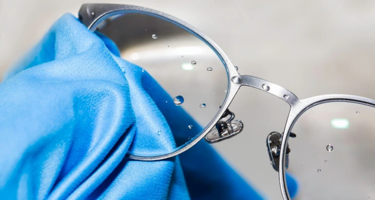 Das Bild zeigt eine Lesebrille, die mit einem blauen Mikrofasertuch gereinigt wird für eine klare Sicht. Auf den Brillengläsern sind noch einige Wassertropfen zu sehen.