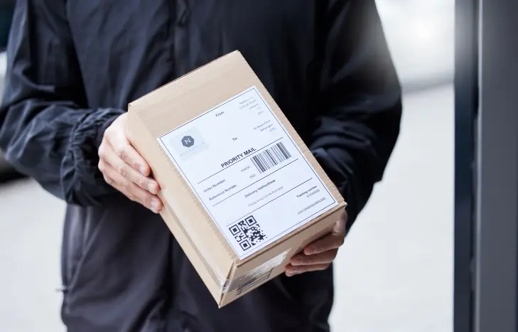 Die Abbildung zeigt einen Kurier im Eingangsbereich mit einer Paketlieferung. Das Paket ist mit einem mobilen Paketschein mit QR-Code beschriftet.