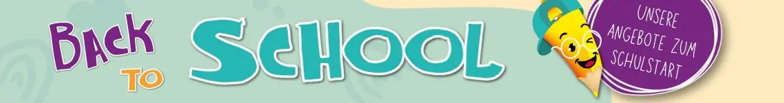 Button mit Text "Back to school", Comiczeichnung eines Bleistiftes und Text "Unsere Angebote zum Schulstart"