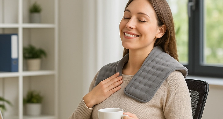 Frau entspannt mit Wärmekissen für im Büro.
