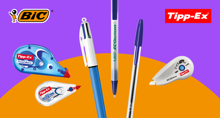 BIC Kugelschreiber und Tipp-Ex Korrekturroller – Schreibwaren für Büro Schule und Alltag vor buntem Hintergrund mit Markenlogos.