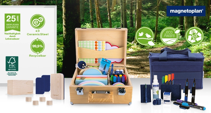 Nachhaltige magnetoplan®-Produkte aus FSC®-Holz und ecoAware-Linie aus 100 % rPET.