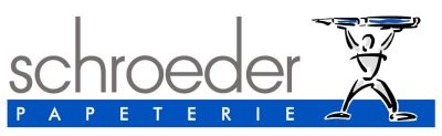 Logo der Schroeder Papeterie mit einer illustrierten Figur, die einen Füller über den Kopf stemmt.