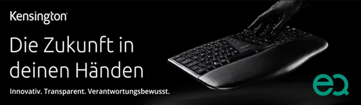 Das Bild zeigt eine ergonomische Tastatur von Kensington, die von einer Hand berührt wird, vor einem schwarzen Hintergrund. Der Slogan 'Die Zukunft in deinen Händen' hebt die innovative Ausrichtung hervor. Darunter stehen die Worte 'Innovativ. Transparent. Verantwortungsbewusst.' Rechts unten ist das Logo 'eq' abgebildet.