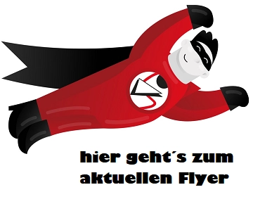 Der Gohs Held fliegt durchs Bild mit der Aufschrift "hier geht´s zum aktuellen Flyer"