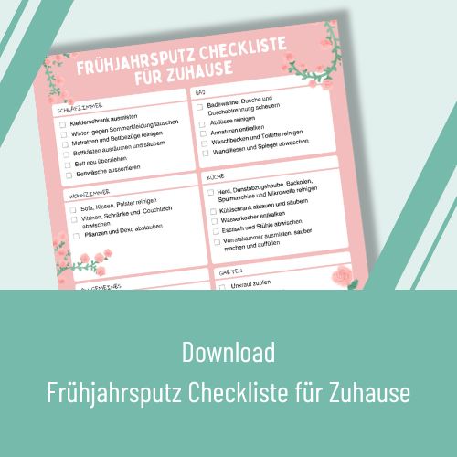 Grafik mit Abbildung einer Checkliste zum Frühjahrsputz im Büro und Text "Download Frühjahrsputz Checkliste für Zuhause"