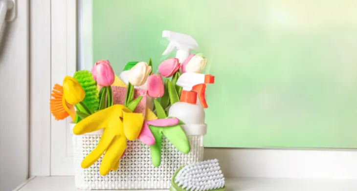Korb mit Tulpen, Putzhandschuhen und Reinigungsmitteln auf einer Fensterbank