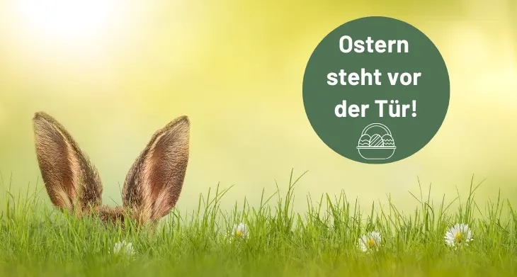 Hasenohren ragen aus einer Wiese. Daneben ist ein grüner Kreis mit der Aufschrift 'Ostern steht vor der Tür!' und einem Osternest-Symbol.