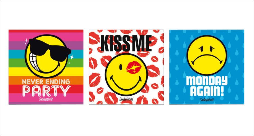 Abbildung dreier Smiley-Motive: ein Smiley ginsender mit einer Sonnenbrille ist auf einem regenbogen-farbigem Hintergrung abgebildet. Auf dem Hintergrund unter dem Smiley steht:"Never ending Party". In der Mitte ist ein lächelnder Smiley mit einem roten Kussmund als Auge auf einem Hintegrund mit vielen roten Kussmündern abgebildet. Darüber steht "Kiss me". Rechts ist ein trauriger Smiley auf einem blau verrgeneten Hintergrund zu sehen, unter dem Smiley steht "Monday again".