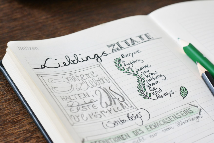 Nahaufnahme einer Kalenderseite mit geletterten Elementen und Sprüchen.