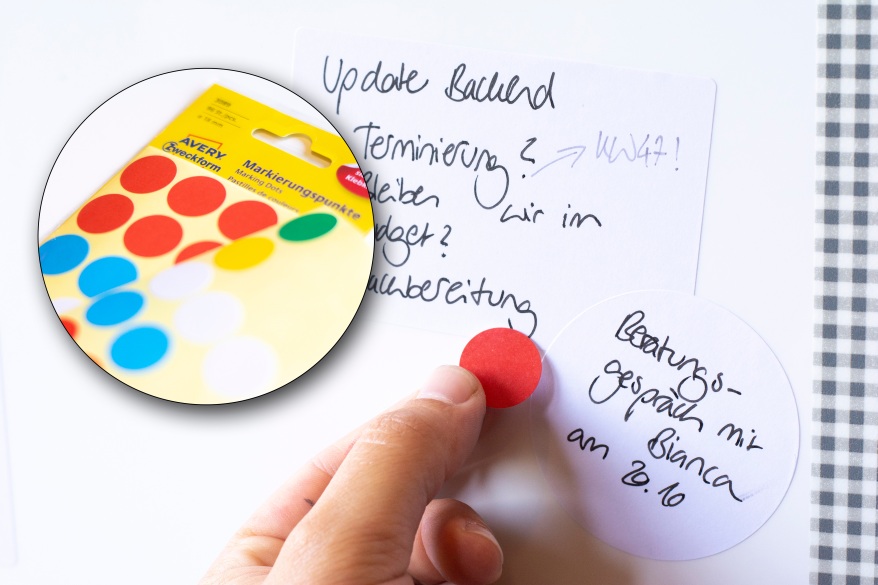 Nahaufnahme von Notizzetteln, eine Hand klebt gerasde einen roten Klebepunkt darauf. In dem Bild ist ein kleines Bild von bunten Avery Zweckform Klebepunkten integriert.