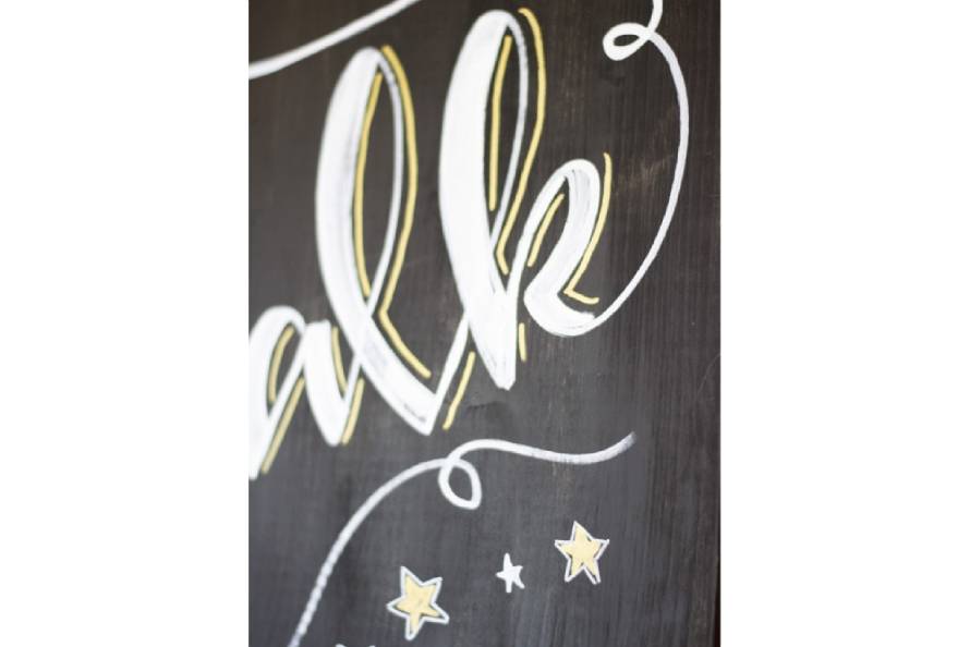 Detailausschnitt eines Tafel-Schriftzugs mit weiß-gelber Kreide