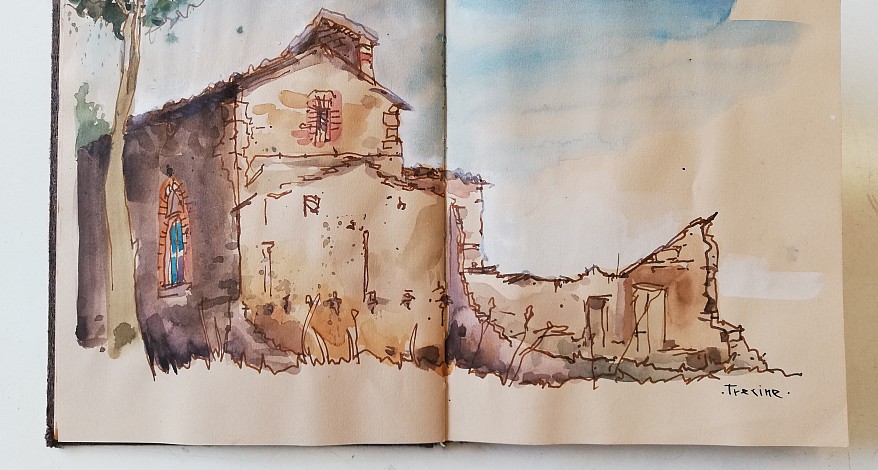 Skizze einer alten Ruine mit Aquarellfarben im Skizzenbuch